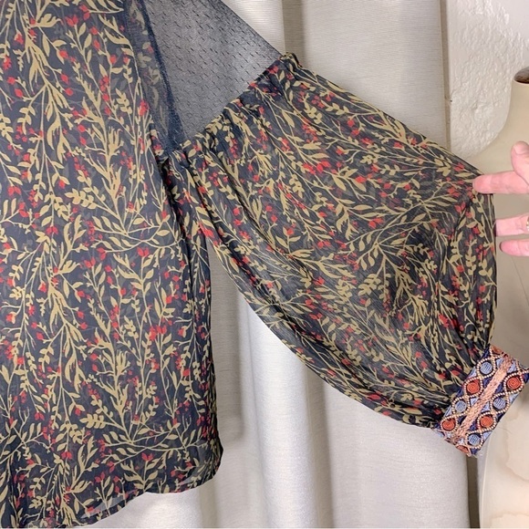 Zara Sheer Embroidered Blouse Top Sz M Black Floral Balloon Sleeve Feminine Boho - Picture 4 of 13